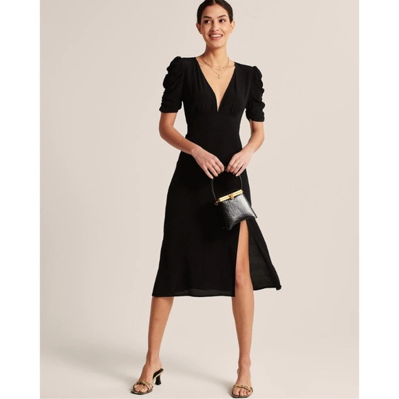 NWT Abercrombie Cinch Sleeve Cut Out Midi Dress L Black LBD Wedding Holiday Chic - Picture 14 of 15